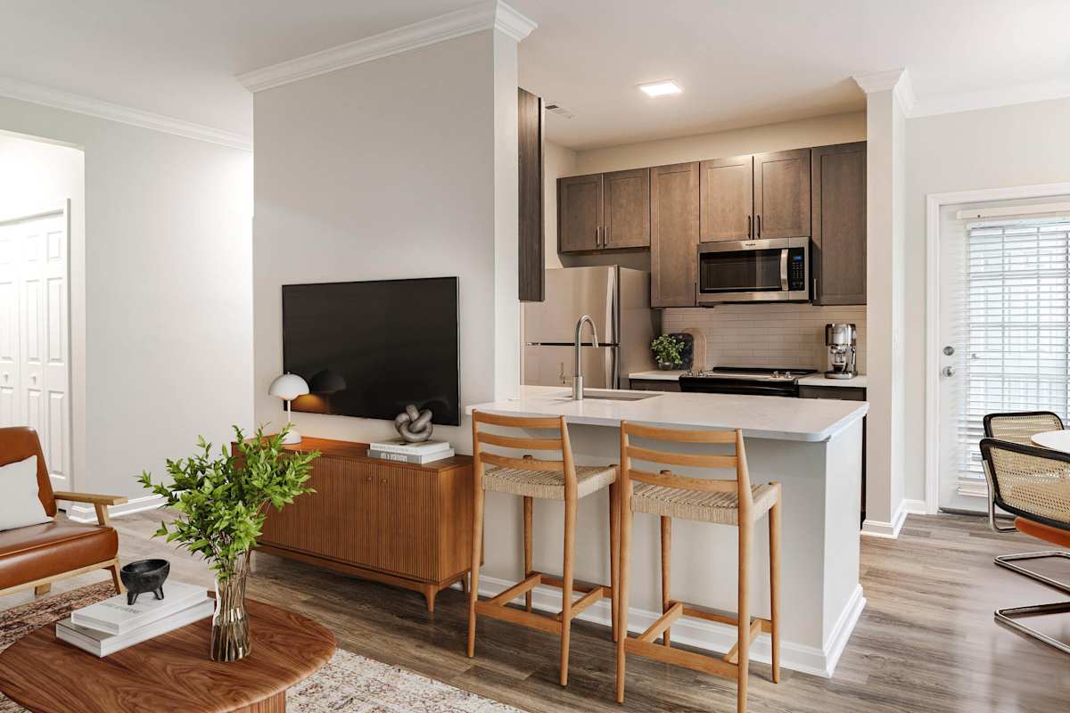 The Ridge apartment kitchen counter with bar stools - Waltham, MA