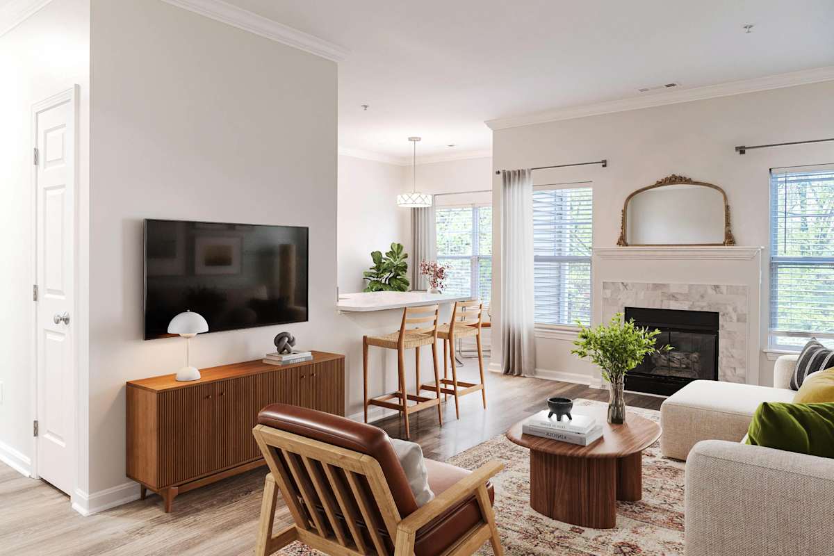 The Ridge apartment living room with fireplace - Waltham, MA