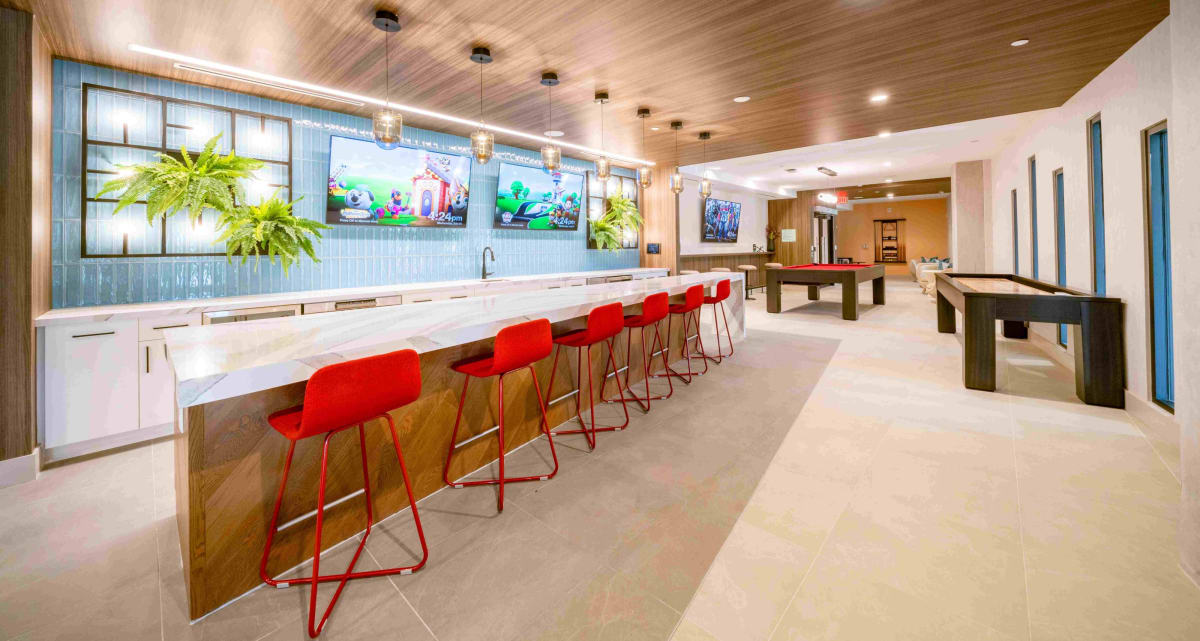 The Rae resident bar and game area with pool table - Bethesda, MD