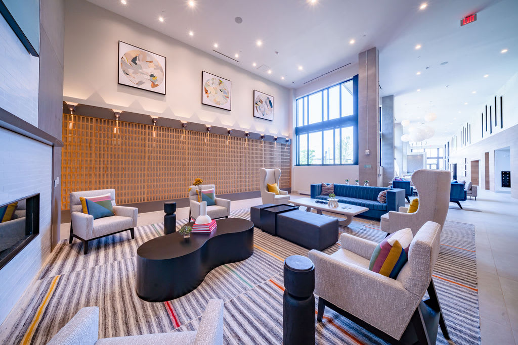 The Rae resident lounge with fireplace seating - Bethesda, MD