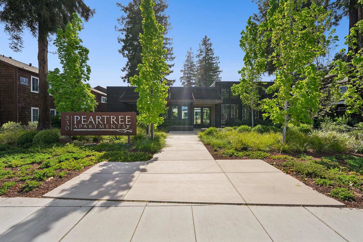 Peartree Apartments community sign and exterior - Sunnyvale, CA