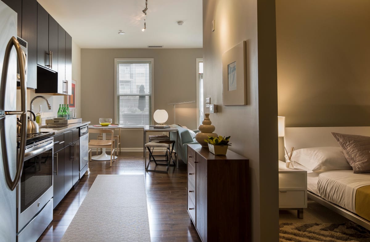 The Citron studio model kitchen and living area - Silver Spring, MD