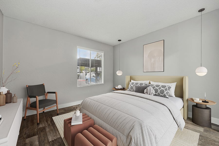 Furnished bedroom shown — representative home at Crystal Creek.