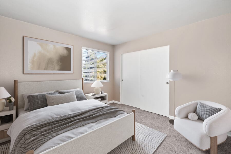 Furnished bedroom shown — representative home at Array at South Mountain.