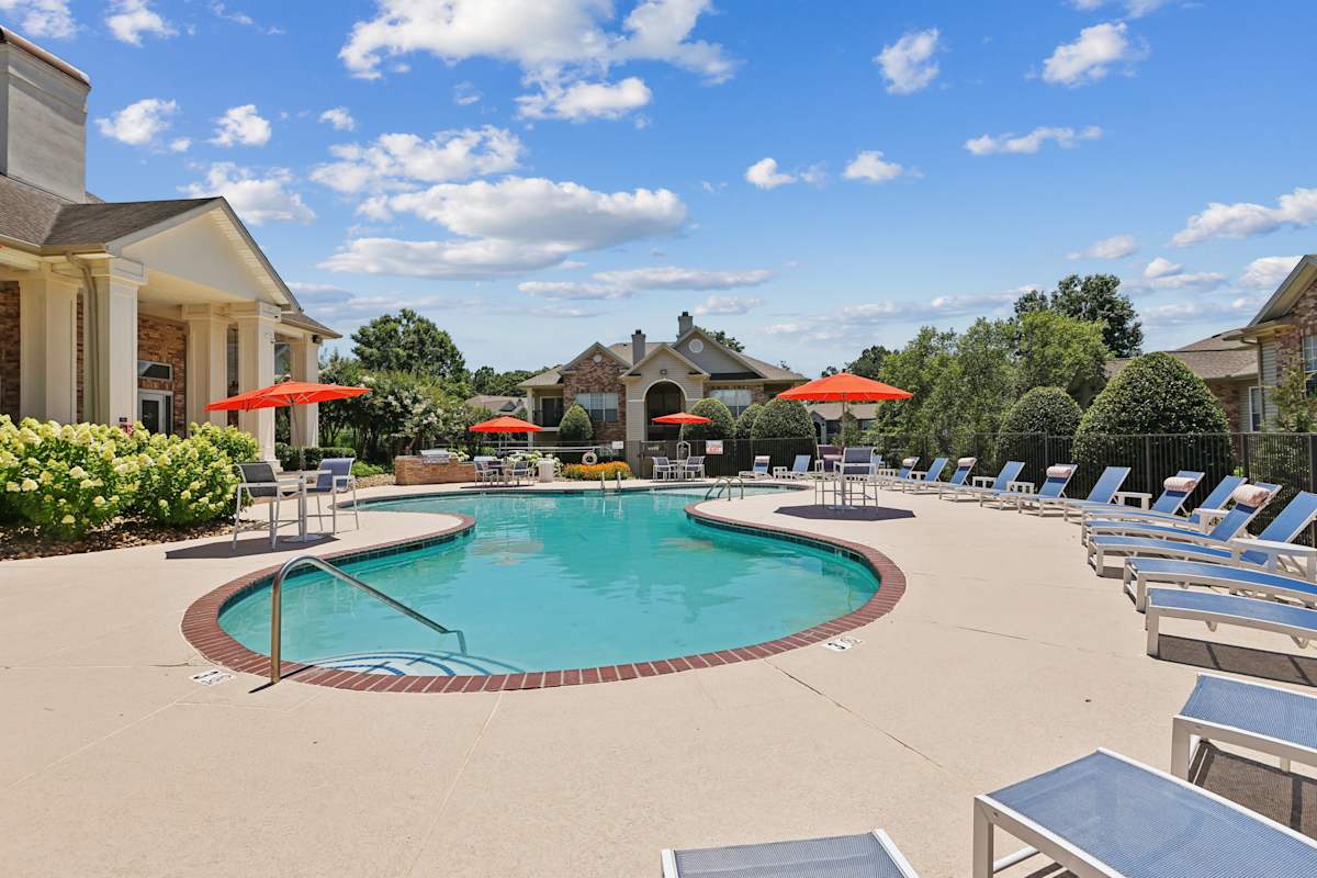 Harpeth River Oaks pool deck with umbrellas - Franklin, TN