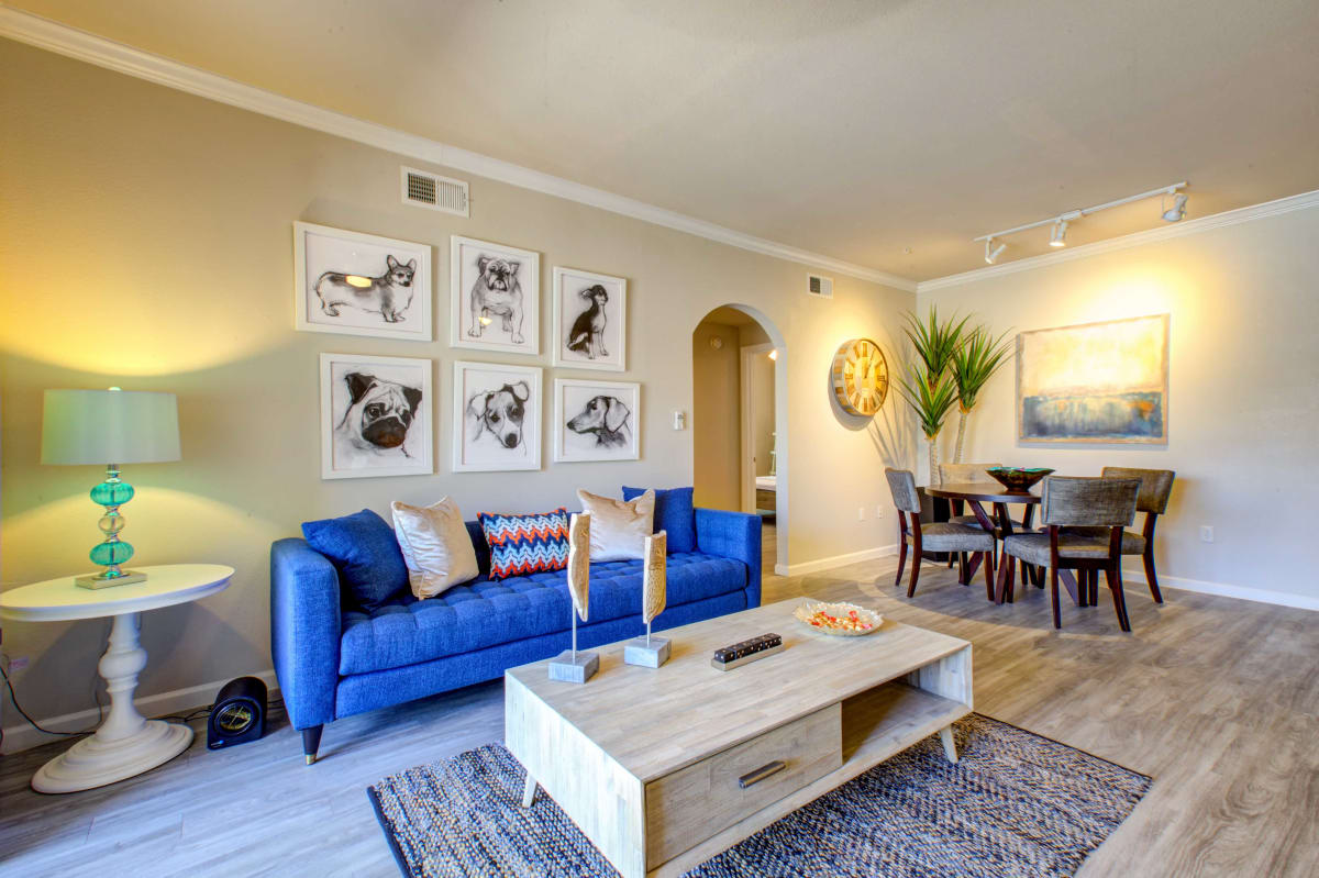 Apartment living room beside the dining area at Ironhorse at Tramonto.