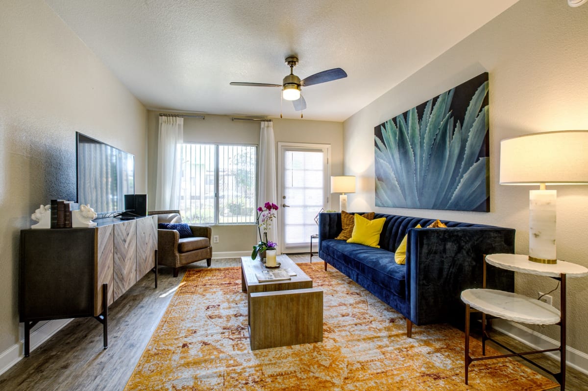 Furnished apartment living area shown — representative home at Village at Lakewood.
