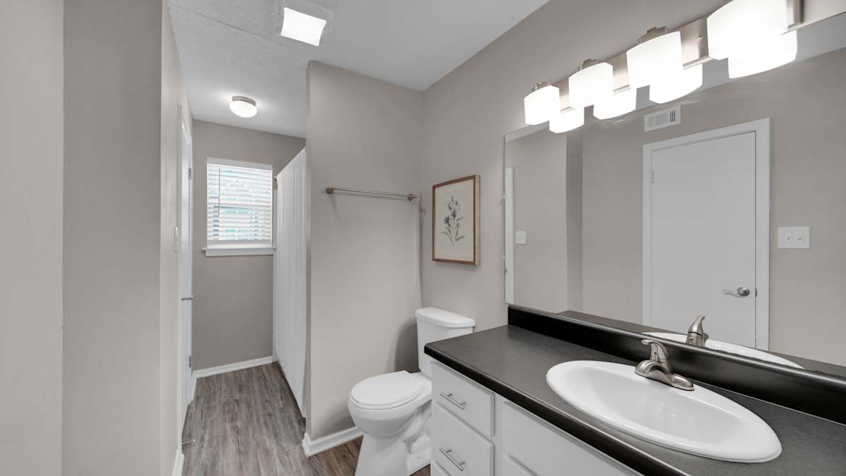 The Local Apartments clean bathroom with vanity and mirror - Memphis, TN