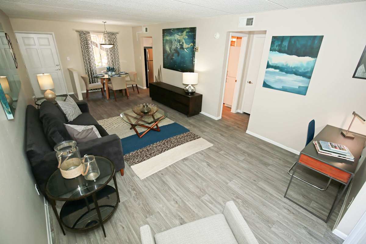 Furnished apartment living area shown — representative home at Arcadia Villa Apartments.