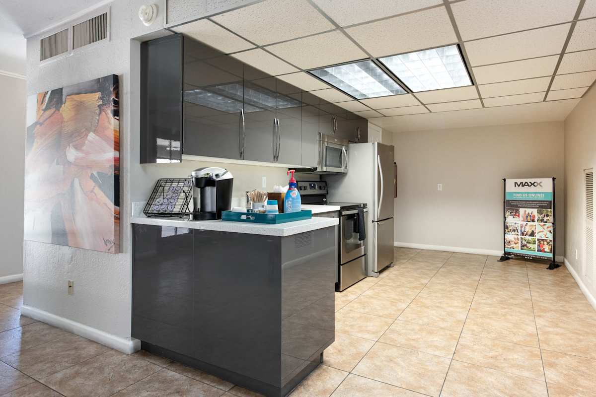 Clubhouse kitchen at Arcadia Villa Apartments.