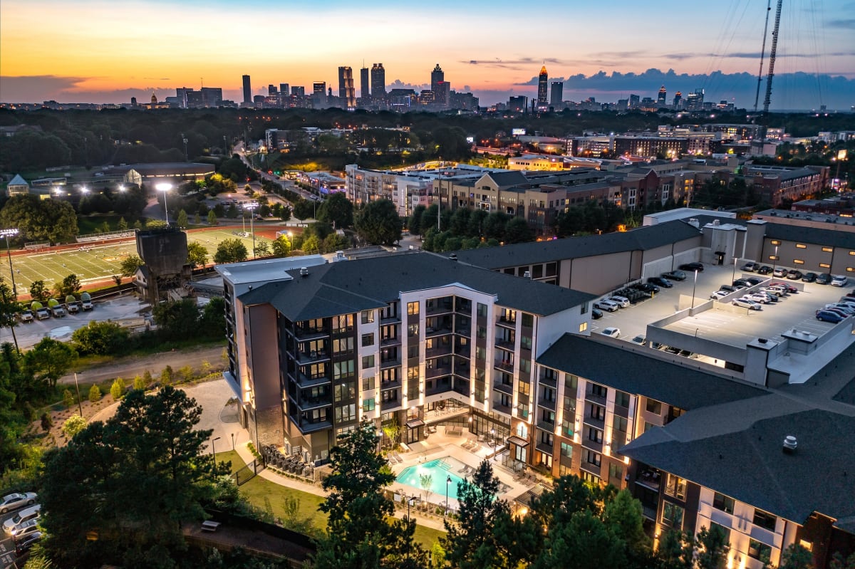 915 Glenwood Apartments aerial exterior at twilight - Atlanta, GA