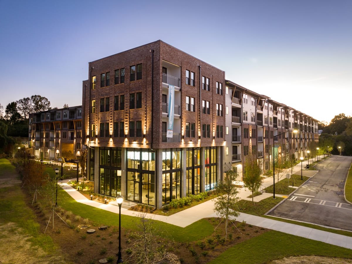 The Argos Apartments on The Beltline aerial twilight view - Atlanta, GA