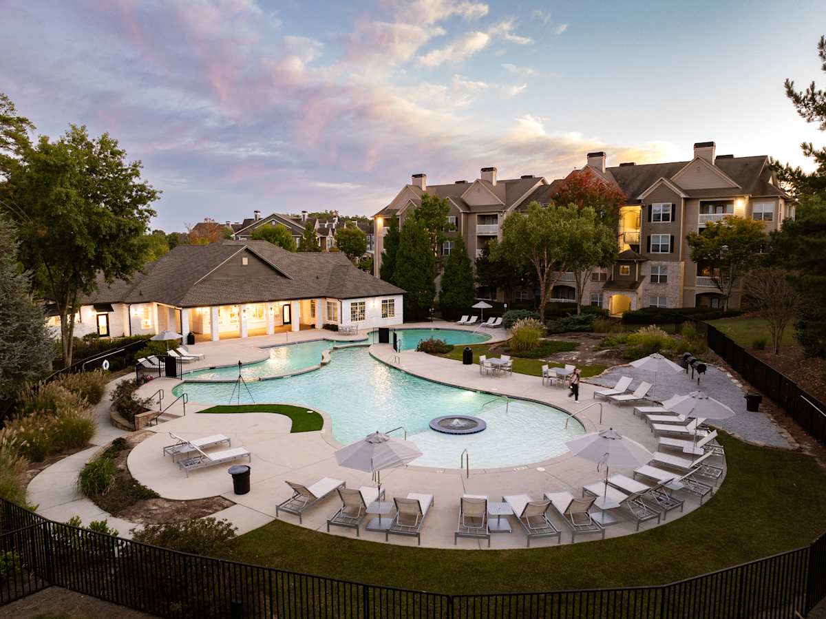 Wesley Kensington Apartments at Stonecrest aerial community view at twilight - Stonecrest, GA