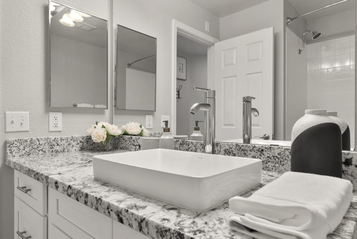 Apartment bathroom — representative home at Vaseo Apartments.