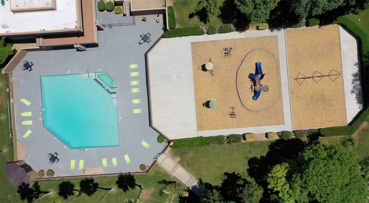 Aerial view of the pool and playground at Avalon Hills.