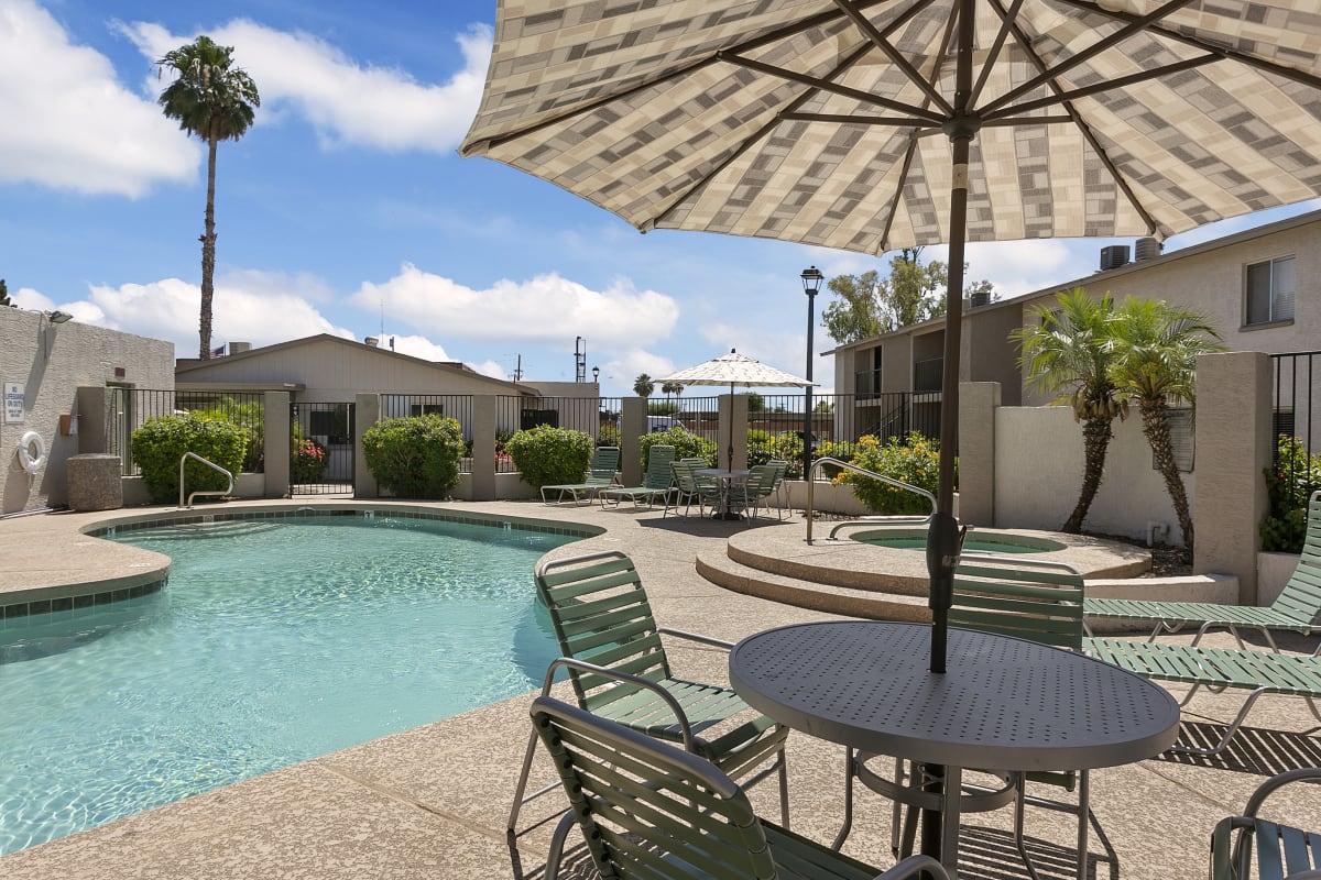 Pool and poolside area at Palm Crest at Station 40.