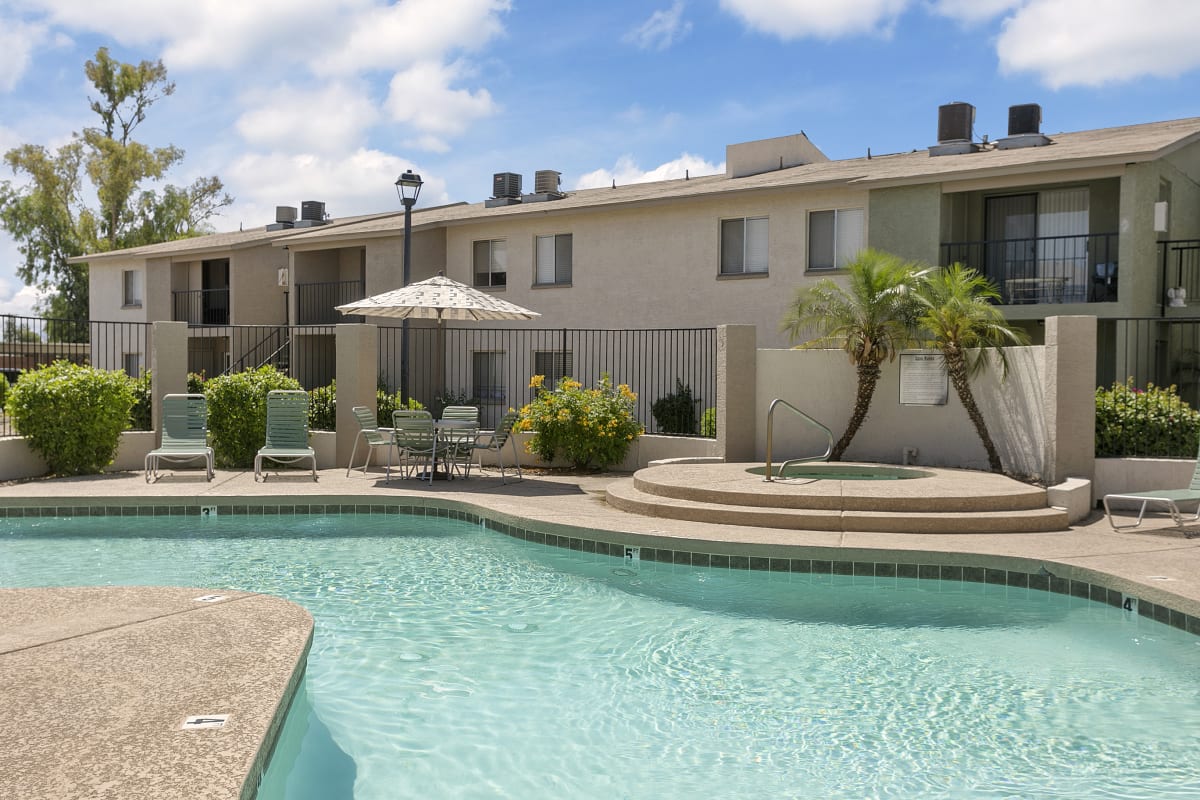 Pool and poolside area at Palm Crest at Station 40.