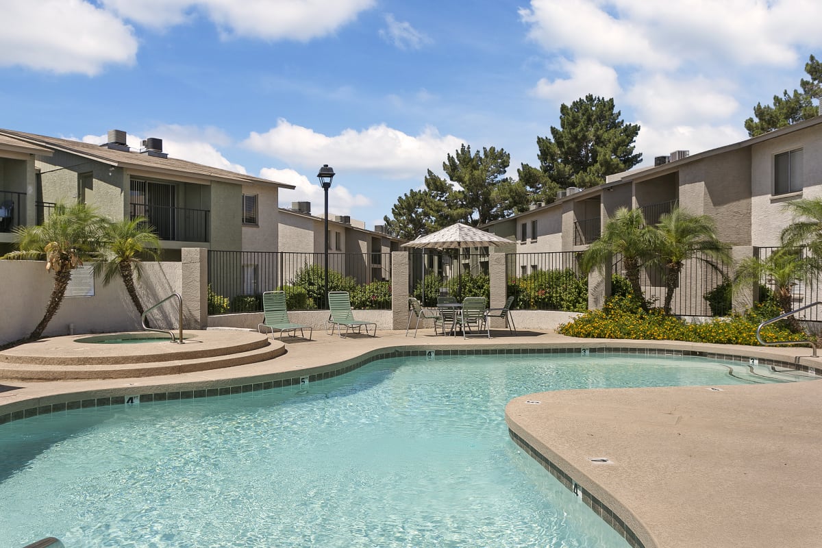Pool and poolside area at Palm Crest at Station 40.