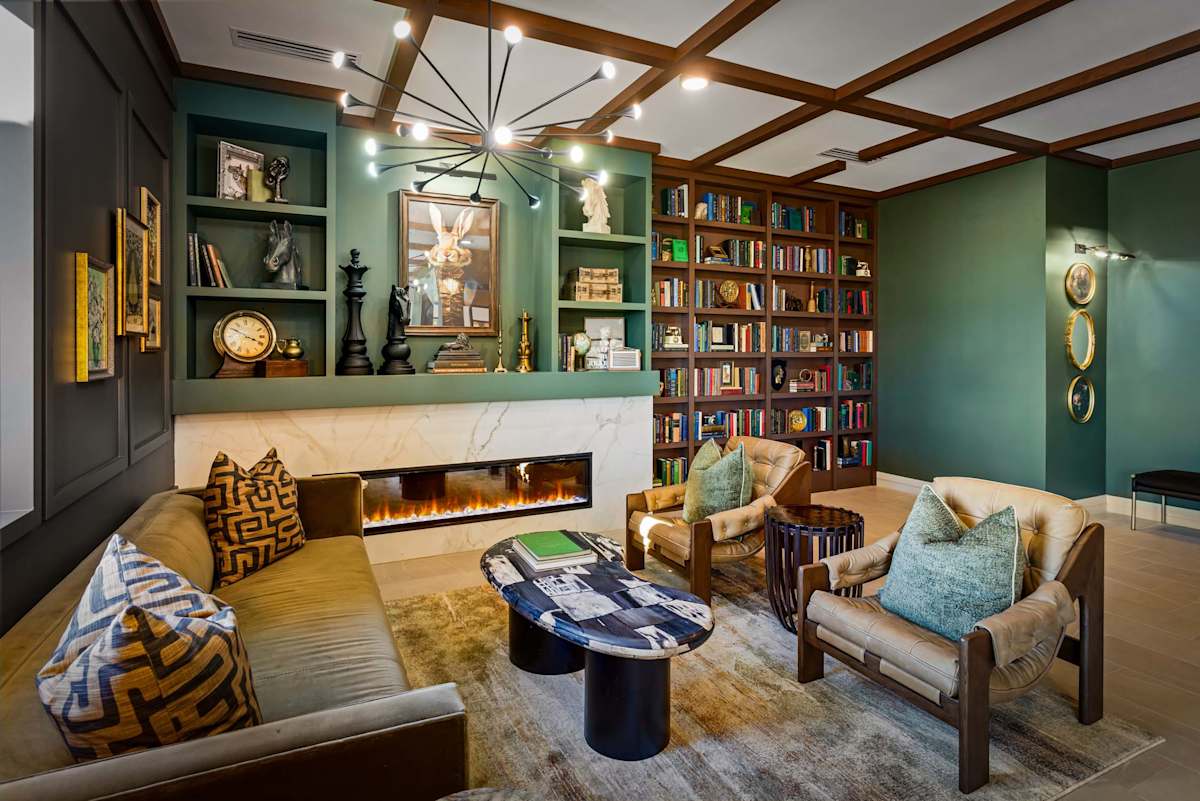 Library lounge and fireplace at Elysium.