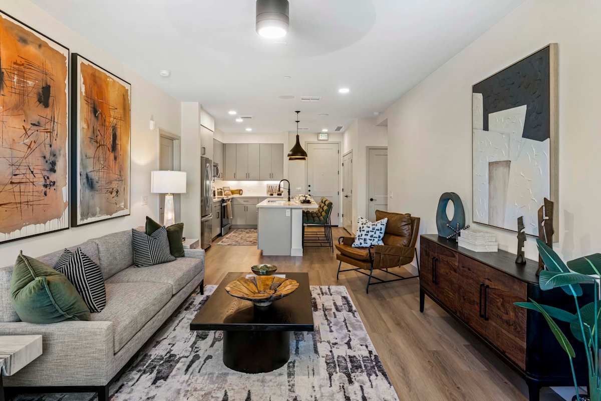 Furnished living room and kitchen at Elysium.
