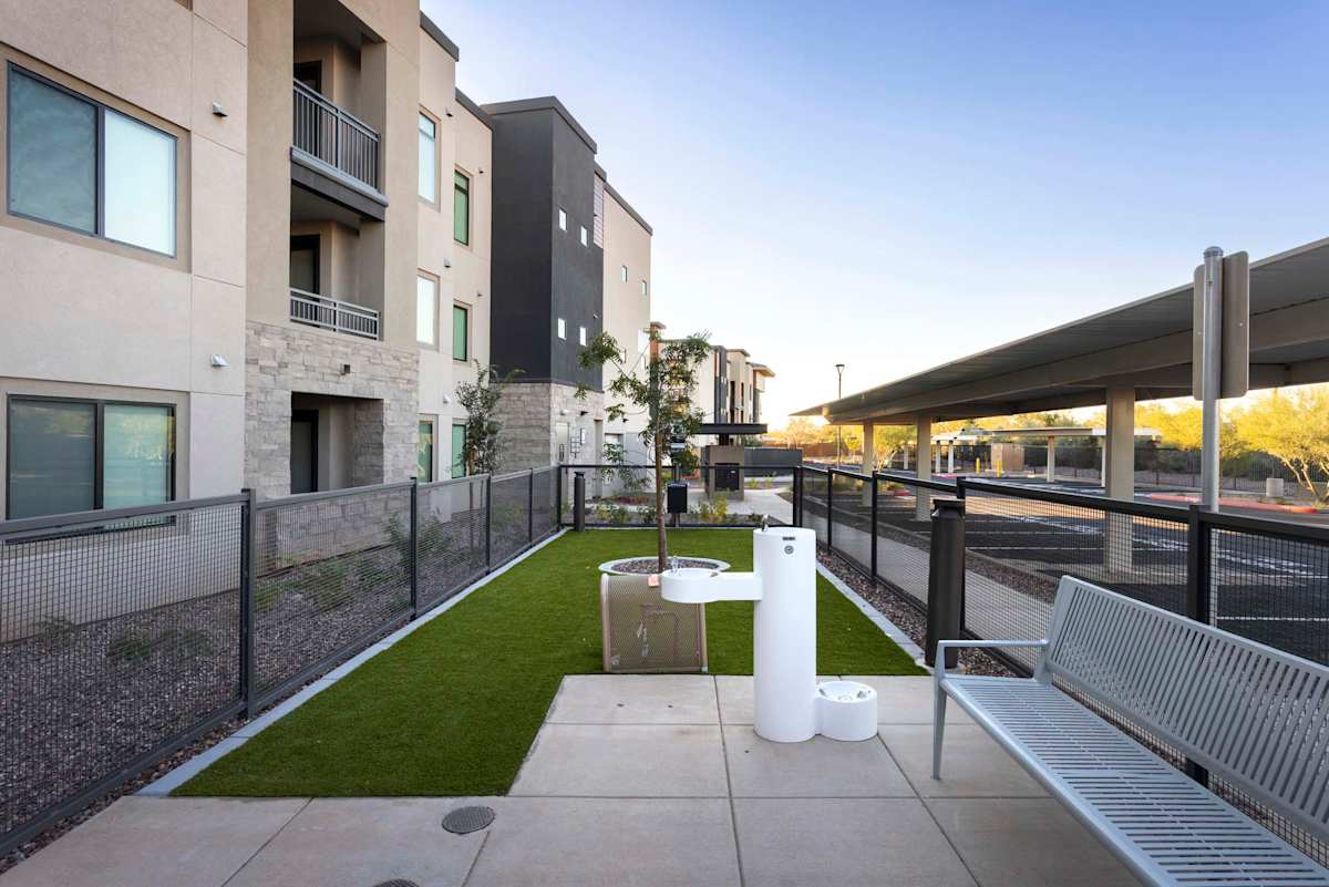 Outdoor patio beside a fenced lawn at Elysium.