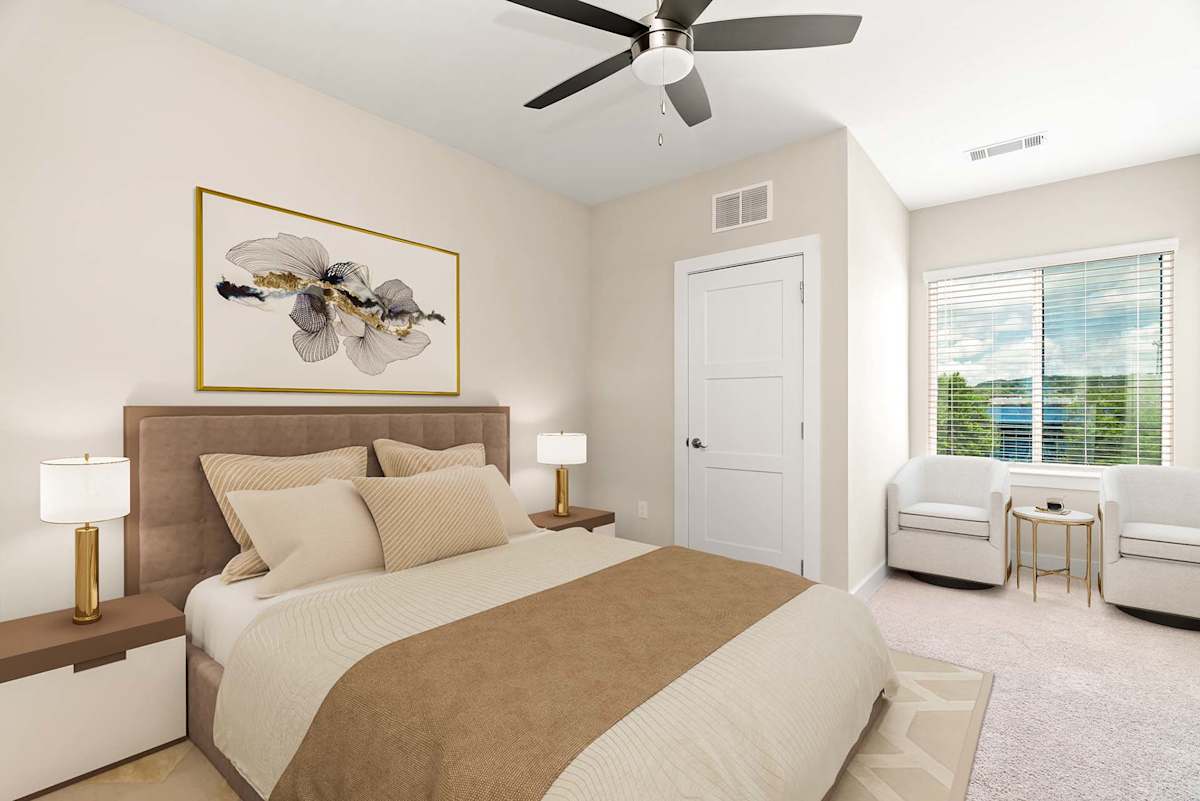 Main Street Lofts bedroom with ceiling fan - Oak Ridge, TN