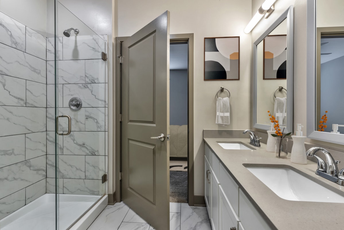 Vintage Century Farms Apartments bathroom with shower and vanity - Antioch, TN