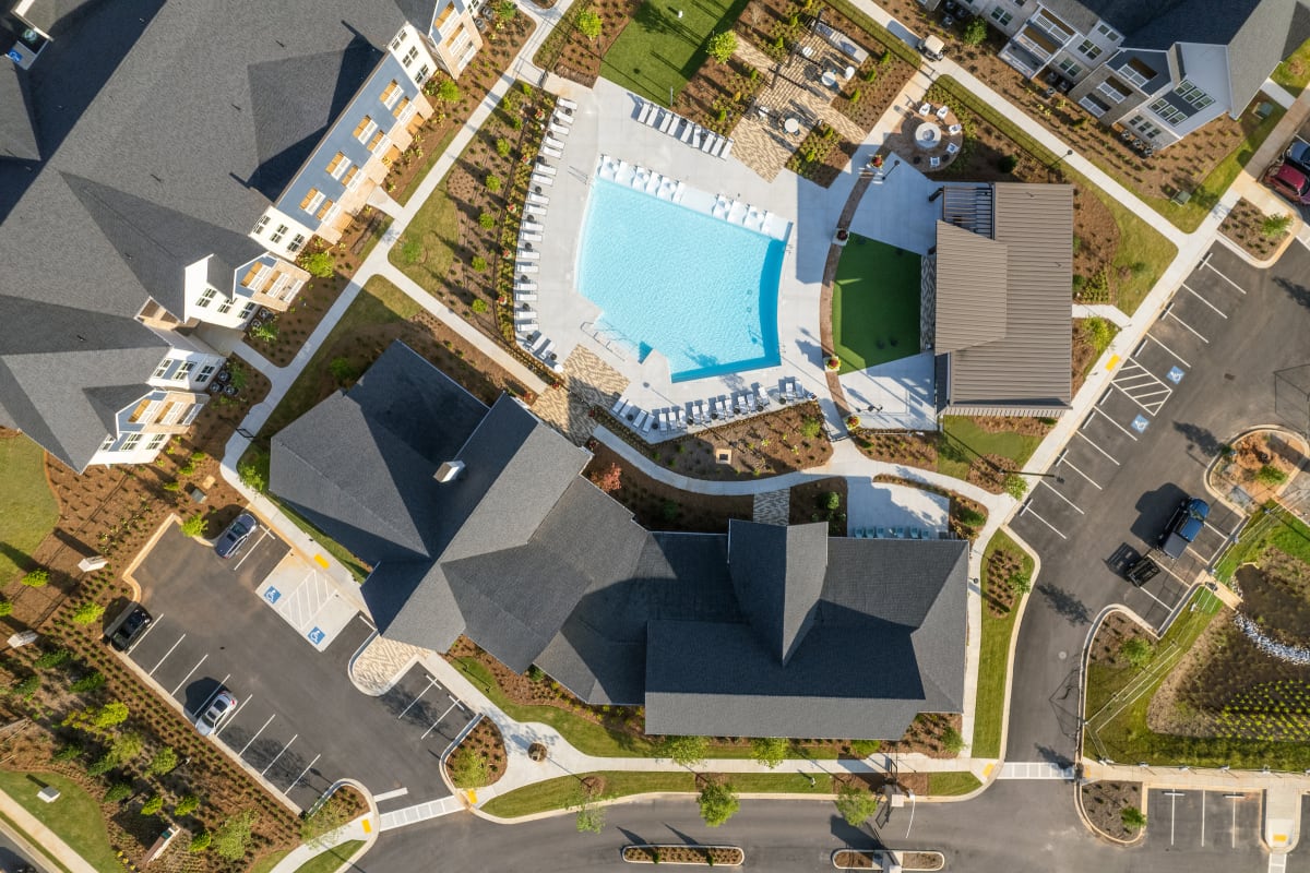 Celadon on Club Apartments aerial view of pool and parking - Lawrenceville, GA
