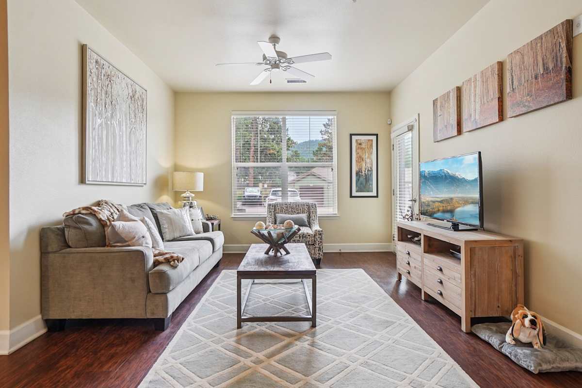 Trail Ridge at Woodland Park Apartments living room with TV - Woodland Park, CO