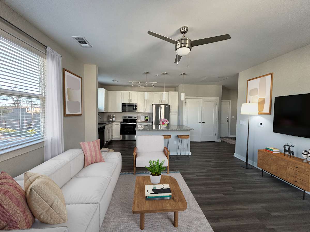 100 Prince Apartments living room with sofa and coffee table - Athens, GA
