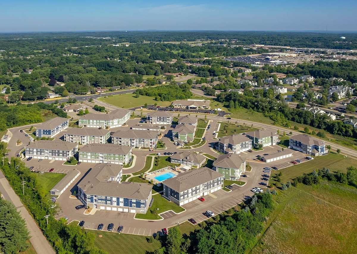 Parkway Flats aerial view of community and pool courtyard - Kalamazoo, MI