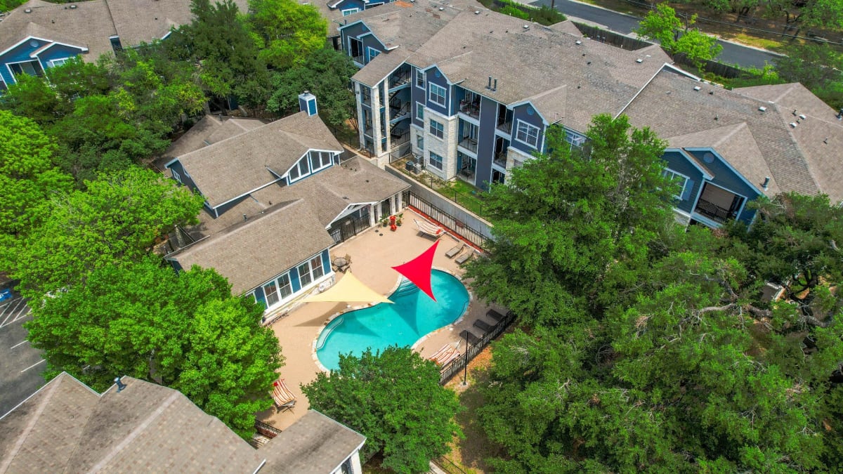 SoCo Park Apartments aerial view with pool - Austin, TX