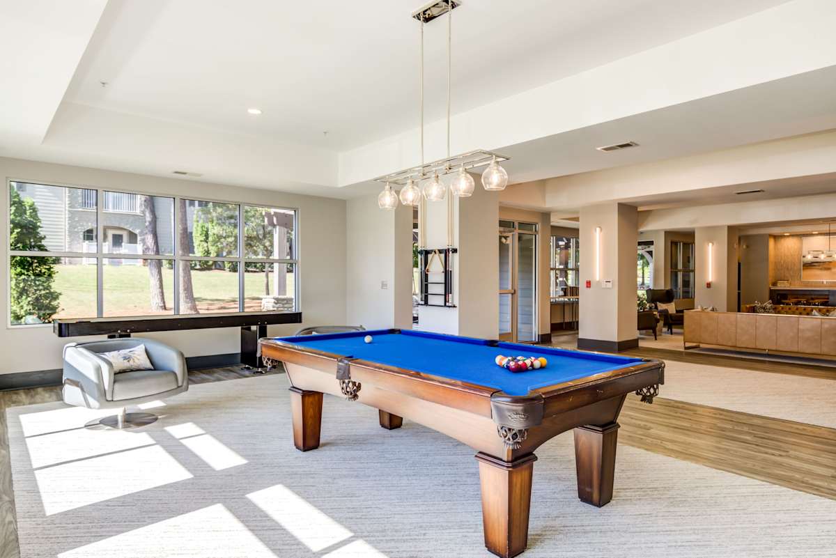 The Aventine Greenville Apartment Homes clubhouse game room with pool table - Greenville, SC