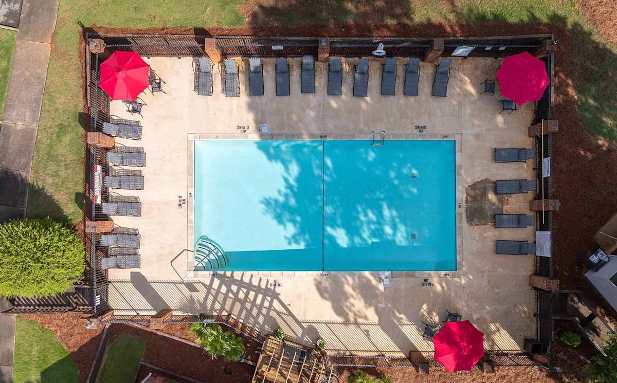 Georgia Green Townhome Apartments pool aerial view - Athens, GA