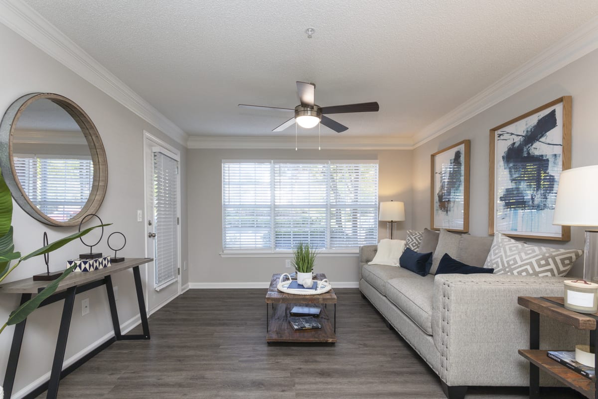 Crestmont at Thornblade Apartments living room with ceiling fan - Greenville, SC