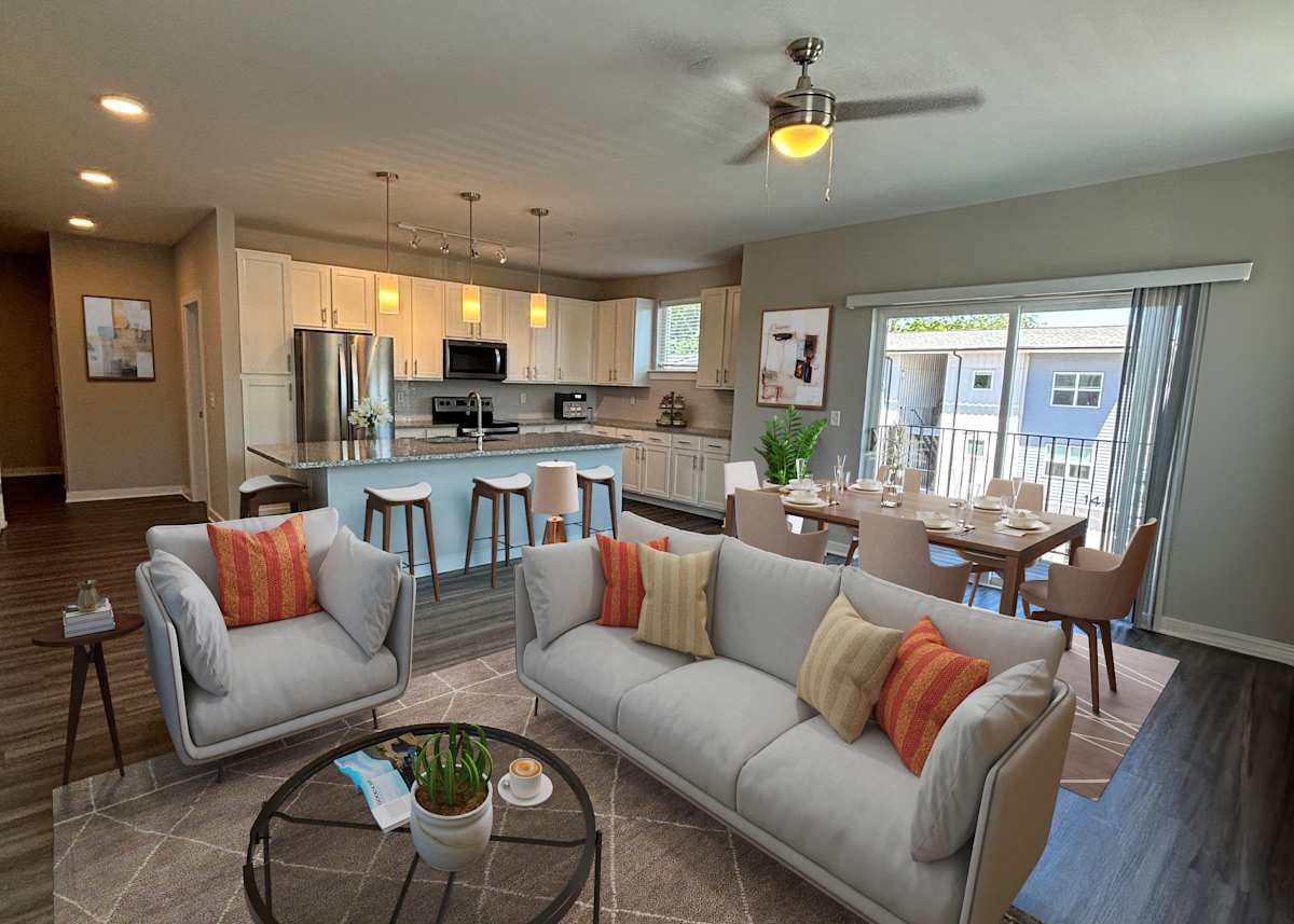 100 Prince Apartments living room with seating and bar area - Athens, GA
