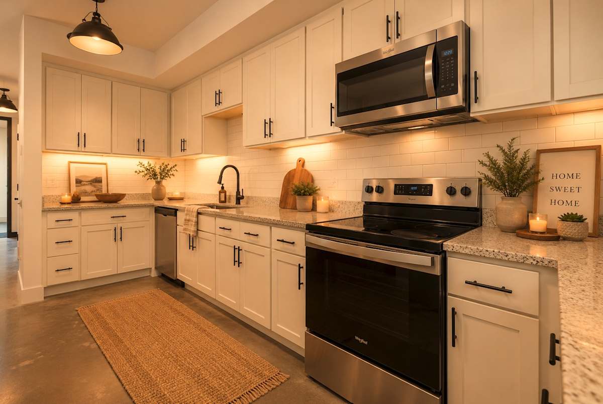 Warren Mill Lofts apartment kitchen with stainless steel appliances - Warrenville, SC