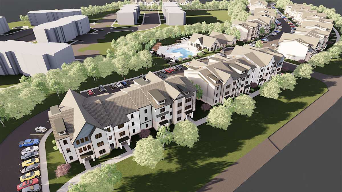 Vintage Johnson City Apartments community rendering with pool and buildings - Johnson City, TN