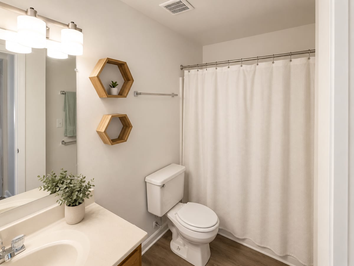 The Mill Apartments bathroom with tub and shower curtain - Harrisonburg, VA