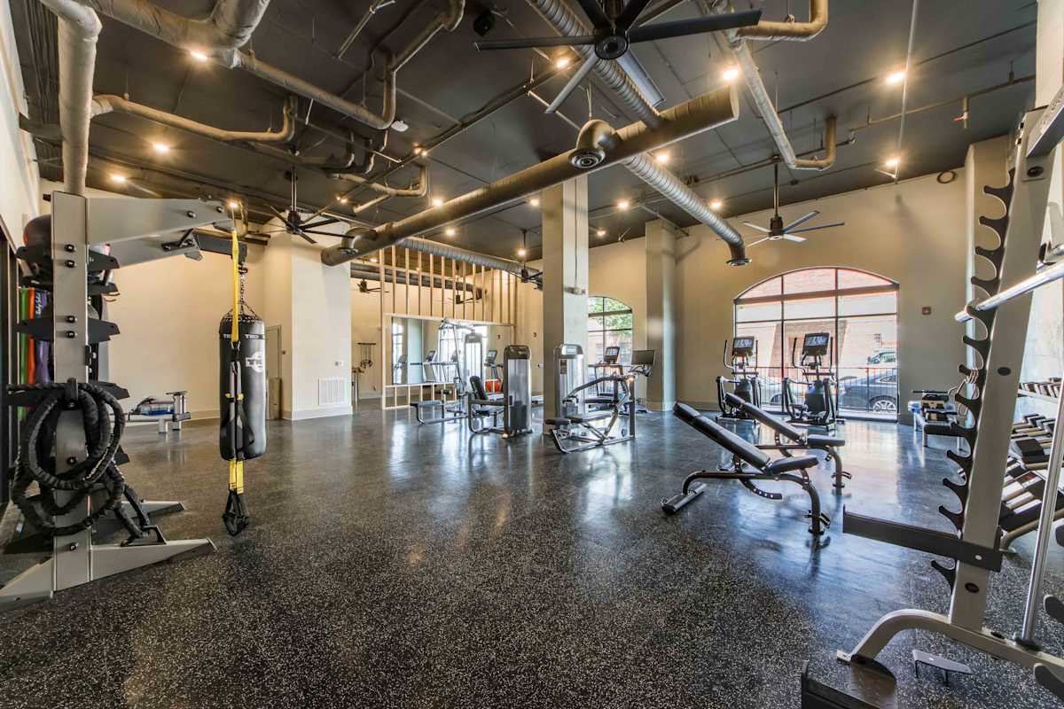 The Oliver Luxury Apartments fitness center with weights and cardio equipment - Memphis, TN