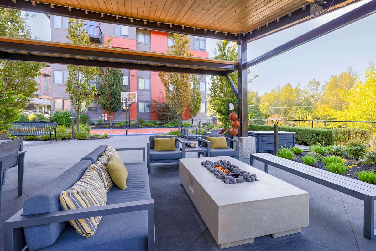 The Bond Apartments pavilion outdoor seating with fire pit - Redmond, WA