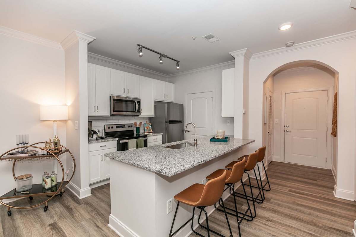 The Jackson Apartments kitchen with stainless steel appliances and island - Newnan, GA