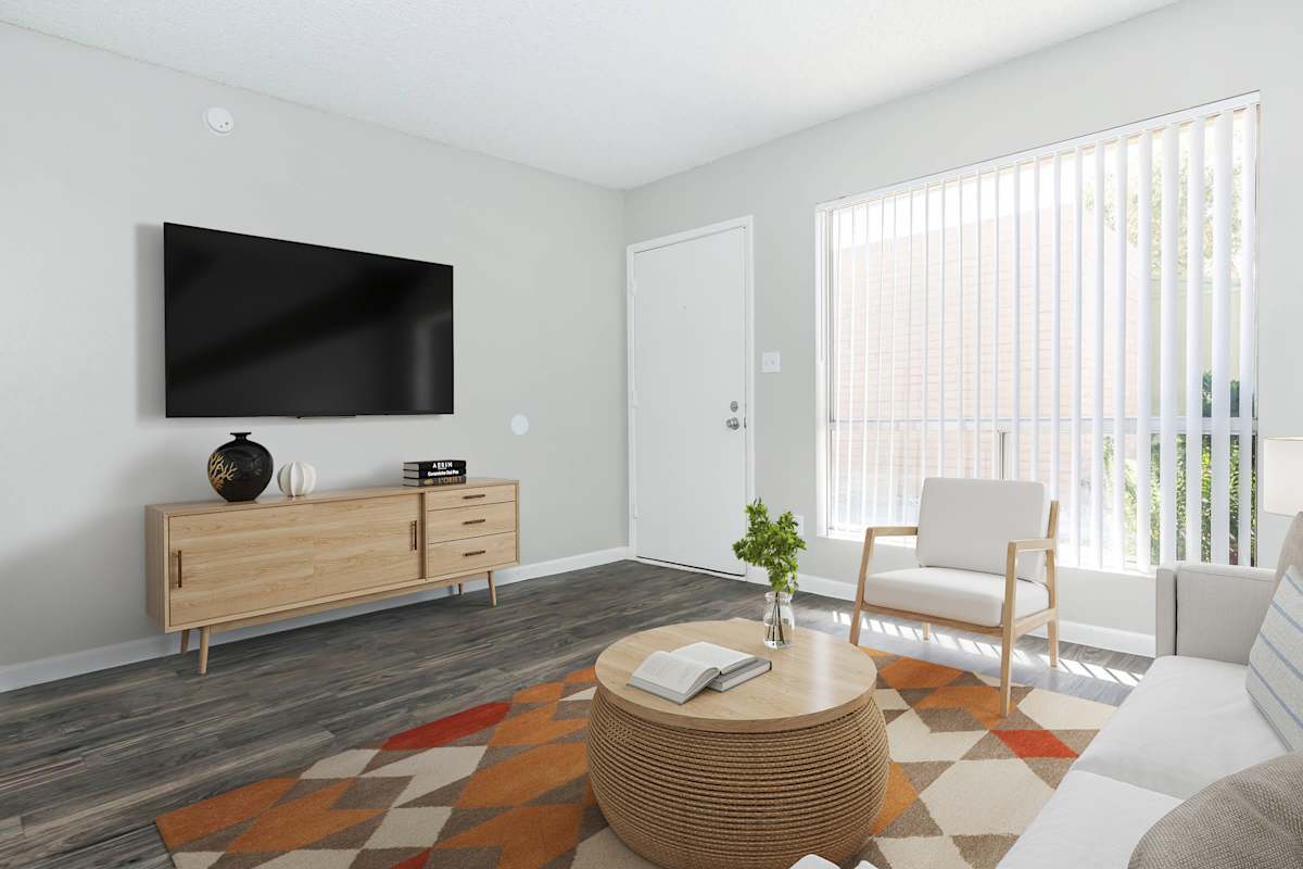 Furnished apartment living area shown at The Cara Apartments.