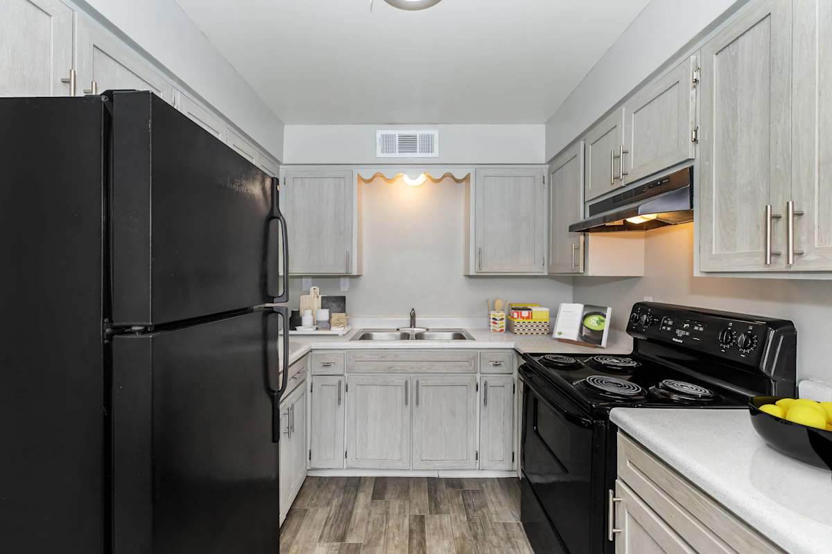 Apartment kitchen at The Cara Apartments.