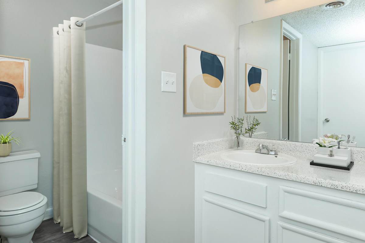 Apartment bathroom at The Cara Apartments.