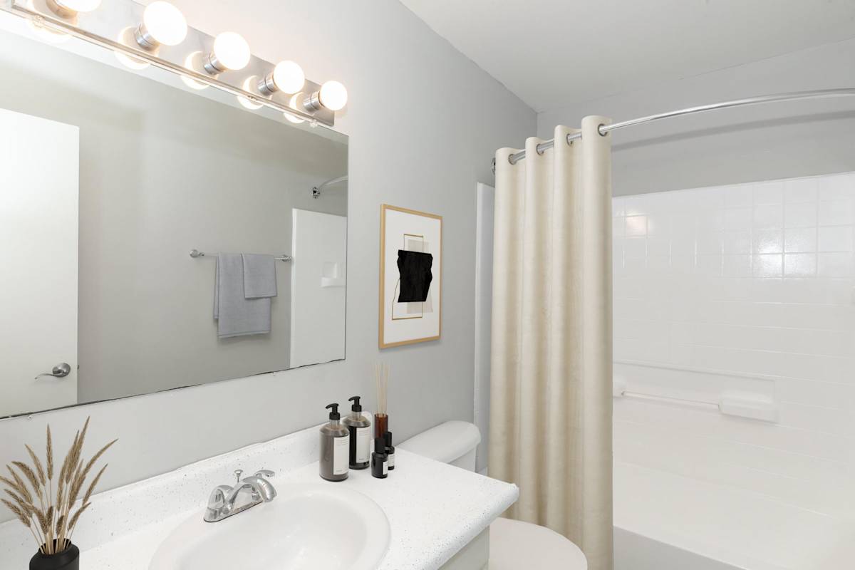 Apartment bathroom at The Cara Apartments.