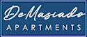 A blue sign with the words "DeMasiado Apartments" written in white cursive.