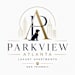 The image is a logo for Parkview Atlanta Luxury Apartments, which is dog friendly.