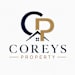 The image is a logo for Coreys Property, featuring a stylized 'CP' in dark blue and gold colors.