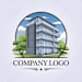 A company logo featuring a building and trees.